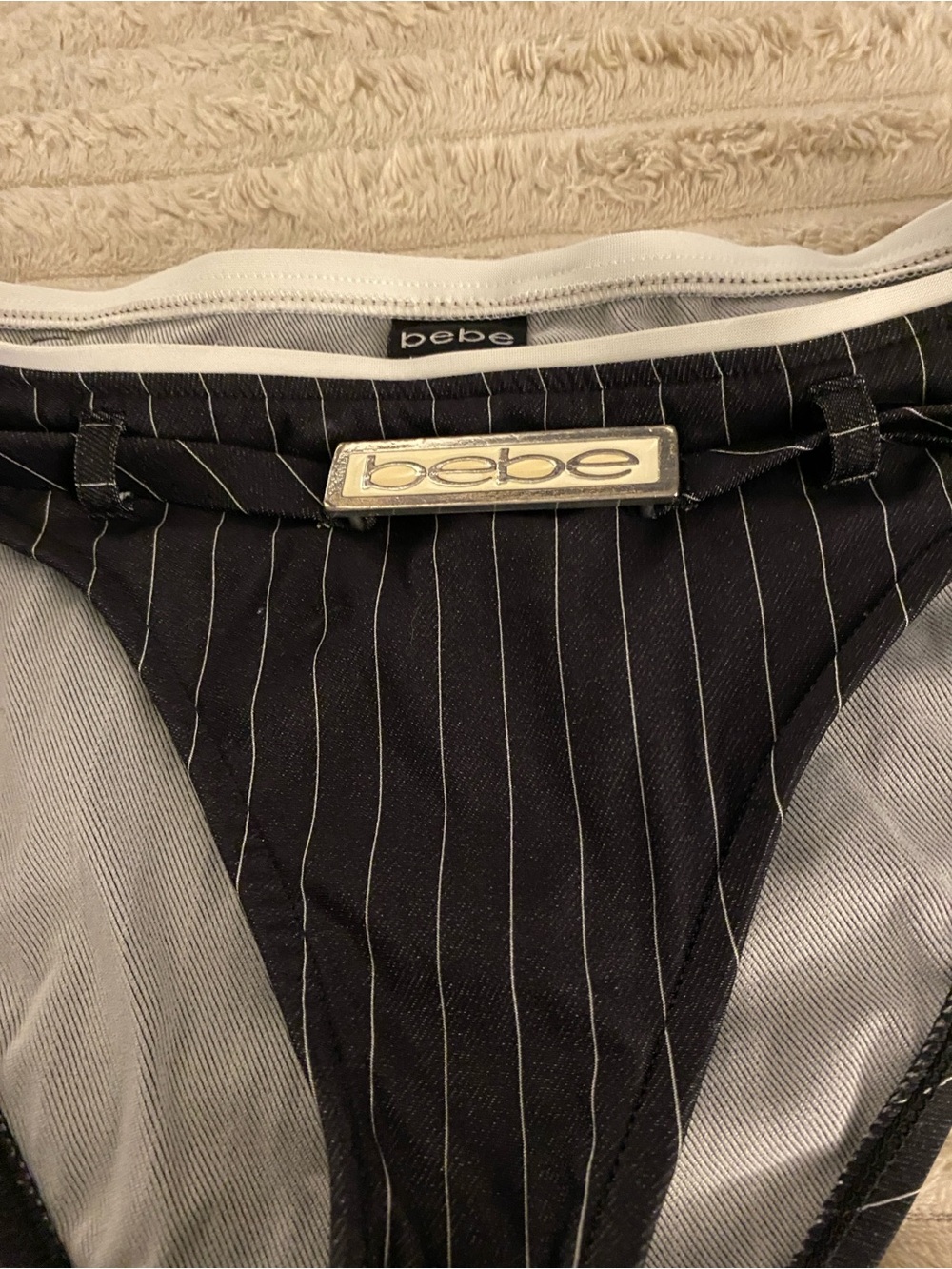 bebe Black Pinstripe Bikini Bottom with Metallic Logo